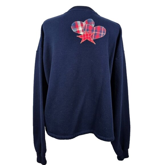 VTG Womens LG Sweater Open Cardigan Jerzees Patchwork Heart Navy Blue Applique - Picture 3 of 16
